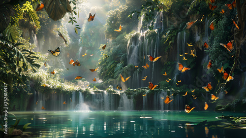 a lake with waterfalls and lush greenery, partly composed of butterflies, like purcaraccia in corse