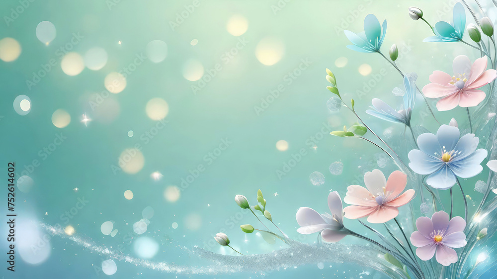 Colorful spring flowers on a light blue shiny bokeh background. Springtime holidays concept.Banner for design with copy space. Generative AI.
