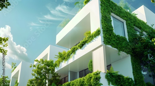 Modern white residential building with green plant walls. Sustainable living, ecology and green urban environment concept