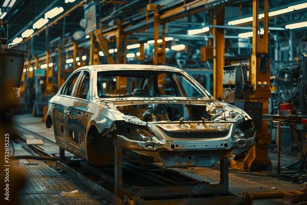 A car is being built in a factory