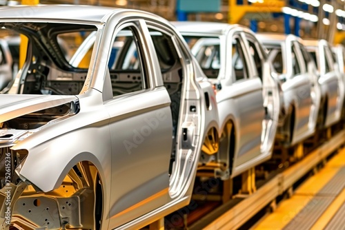 A line of cars are being built in a factory