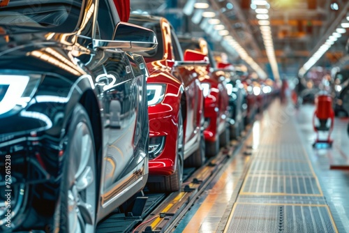A line of cars are being manufactured in a factory