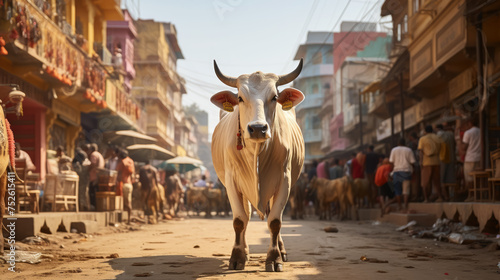 Indian sacred cow on the street of Varanasi, India, Asia, East, ancient architecture, animal, artiodactyl, horns, bull, calf, traditional, elegant, flowers, rite, national, culture, custom photo