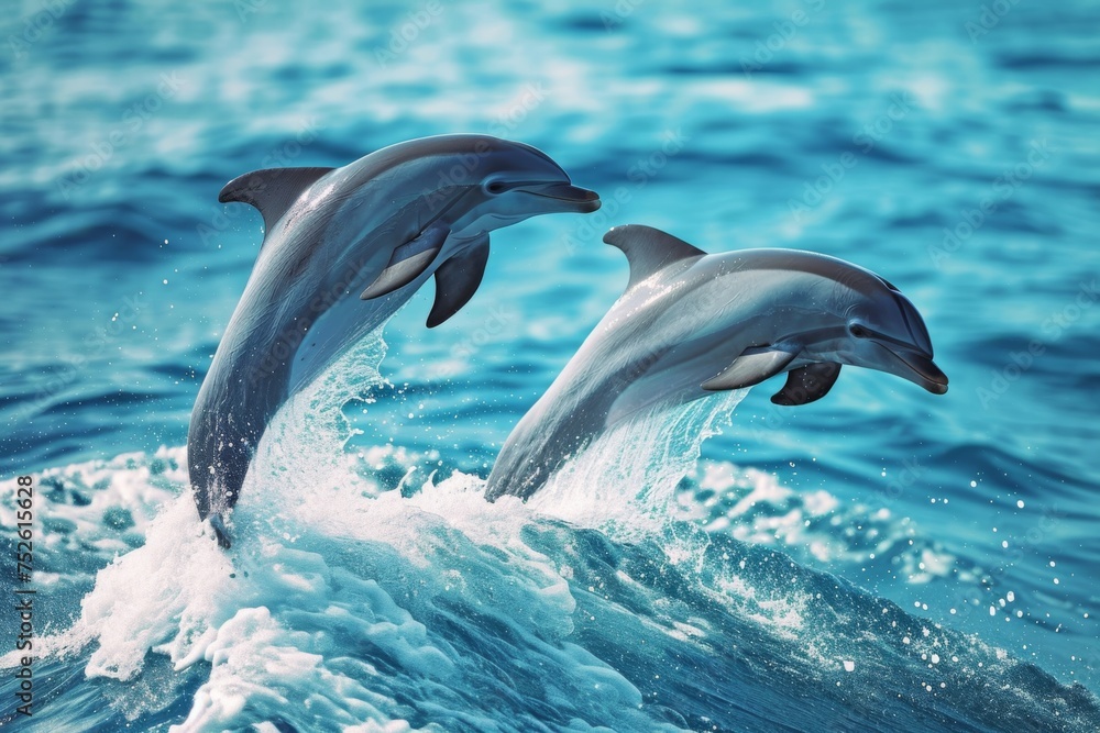 Obraz premium Two dolphins springing from the sea, sunlight and calm water.