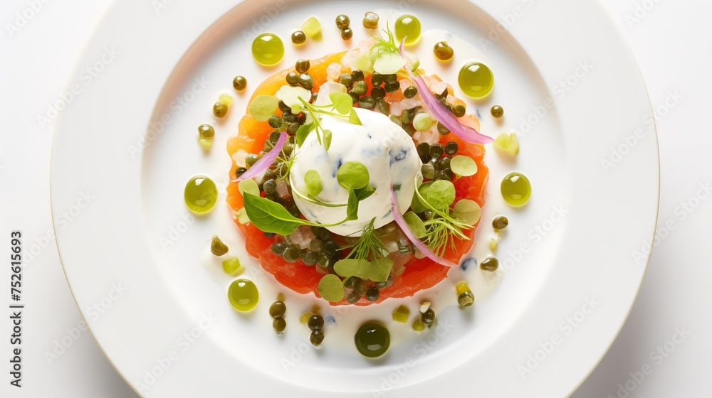 SALMON TARTARE ,AVOCADO, CRÈME FRAICHE, CAPER , FISH ROE,on a white round plate, on a white background, top view SALMON TARTARE ,AVOCADO, CRÈME FRAICHE, CAPER , FISH ROE,on a white round plate, on a white background, top view