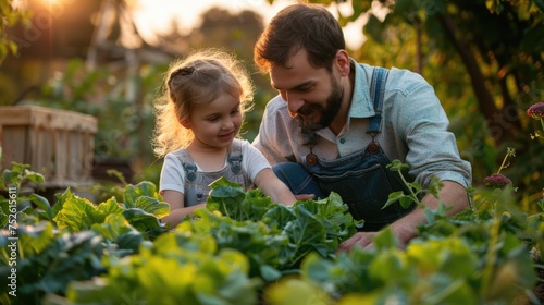 A father and his daughter is growing vegetable at farm.