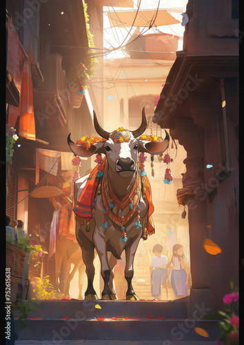 Indian sacred cow on the street of Varanasi, India, Asia, East, ancient architecture, animal, artiodactyl, horns, bull, calf, traditional, elegant, flowers, rite, national, culture, custom