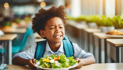 Boy in the school cafeteria don't want to eat lunch of a healthy garden salad.