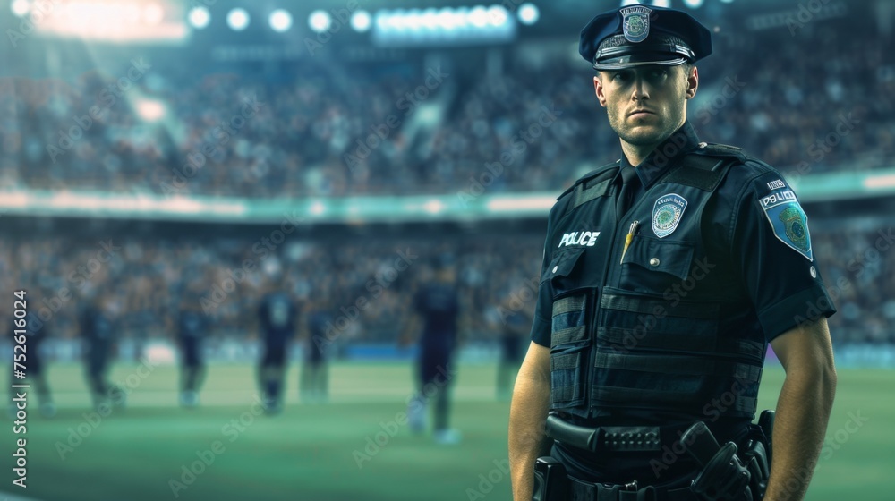 Police officer on active duty in a sports event game inside a stadium Police officer on active duty in a sports event game inside a stadium
