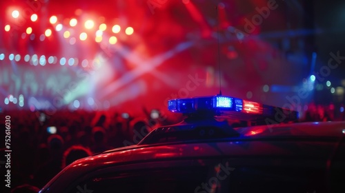 Police car with flashing red blue light parked at a music event © Joyce