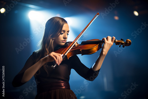 Passionate Female Violinist Performing on Stage with Dramatic Lighting. Musical Concert Elegance
