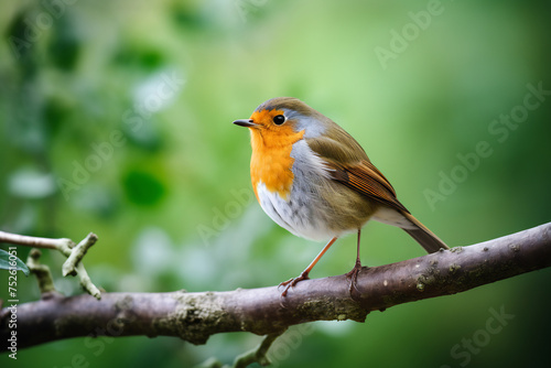 European Robin Perched Serenely on a Branch in Lush Green Forest. Wildlife in Natural Habitat
