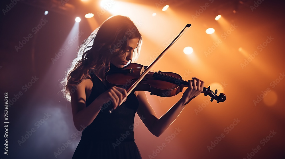 Fototapeta premium Passionate Female Violinist Performing on Stage with Dramatic Lighting. Musical Concert Elegance