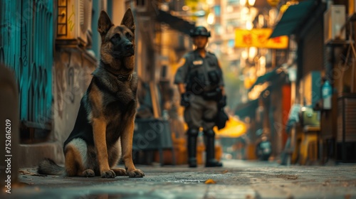 Police dog on duty patrol with a police officer in a large city street © Joyce