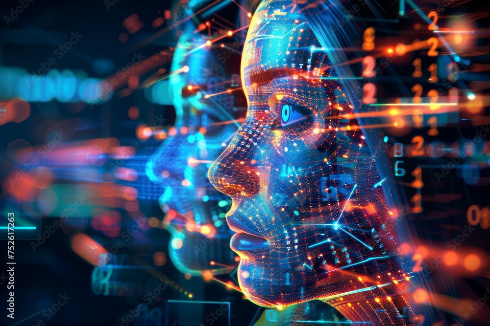 A woman's face is shown in a computer generated image with a lot of numbers A woman's face is shown in a computer generated image with a lot of numbers