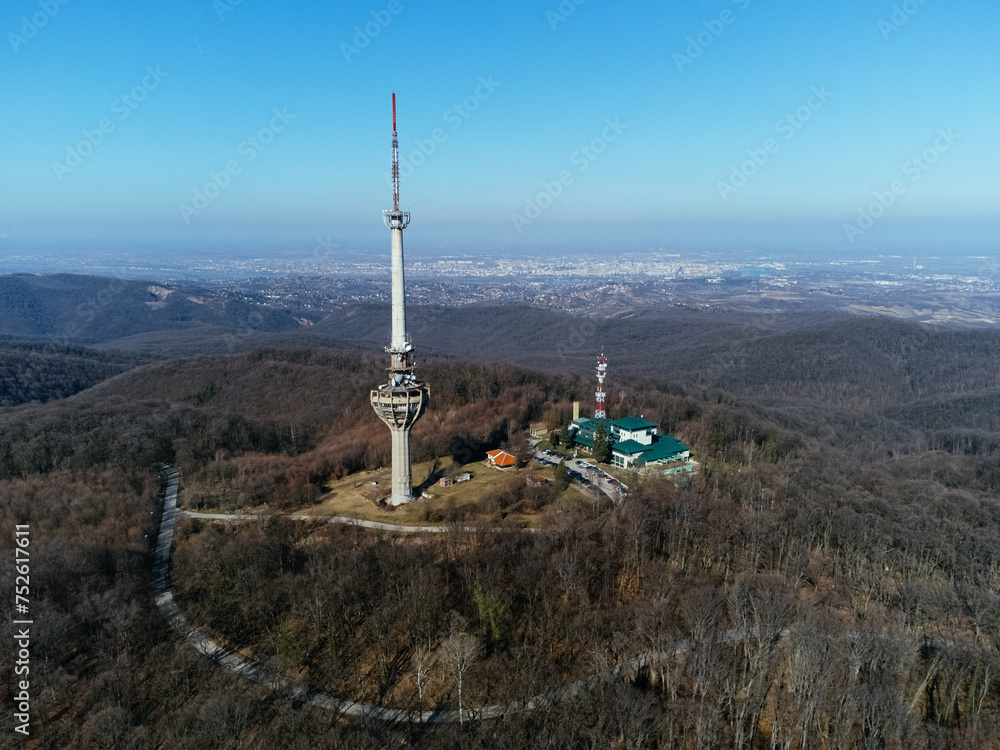Obraz premium The aerial view of the TV tower, bombed by NATO army in 1999, Irishki venac, Frushka tower, Novi Sad, Serbia, Europe.