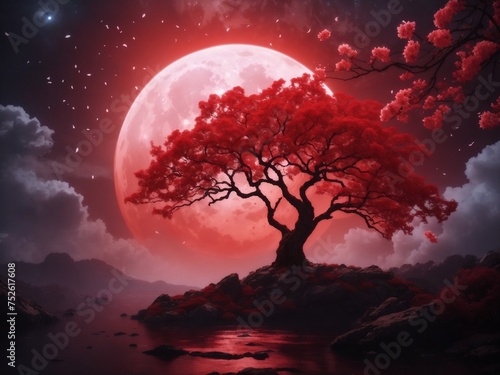  Red Moon Serenade  AI-Crafted Ethereal Landscape  Majestic Tree Illuminated by Lunar Radiance  Sparkling Blossoms in a Captivating Symphony Under Celestial Night 