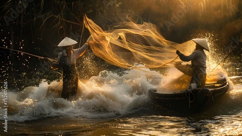 Vietnamese fishermen throw a fishing nets for they start catching fish in the river. 