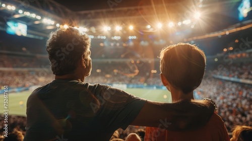  relationship and happy family concept picture of father and son cheer football match together.