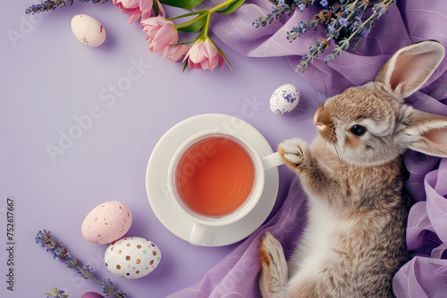 Easter Bunny hosting a tea party, top view, isolated on a quaint lavender background, embodying the social and joyful aspects of Easter 