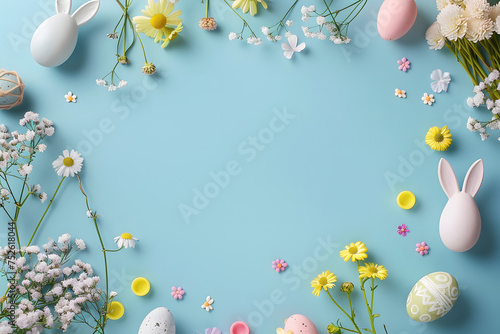 Easter card making supplies, top view, isolated on a creative sky blue background, illustrating the joy of crafting Easter greetings photo