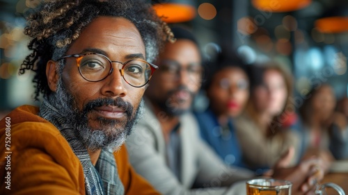 Stylish Man with Glasses in Urban Cafe. Mature bearded man with curly hair and eyeglasses at a social gathering, looking at the camera with a focused expression.