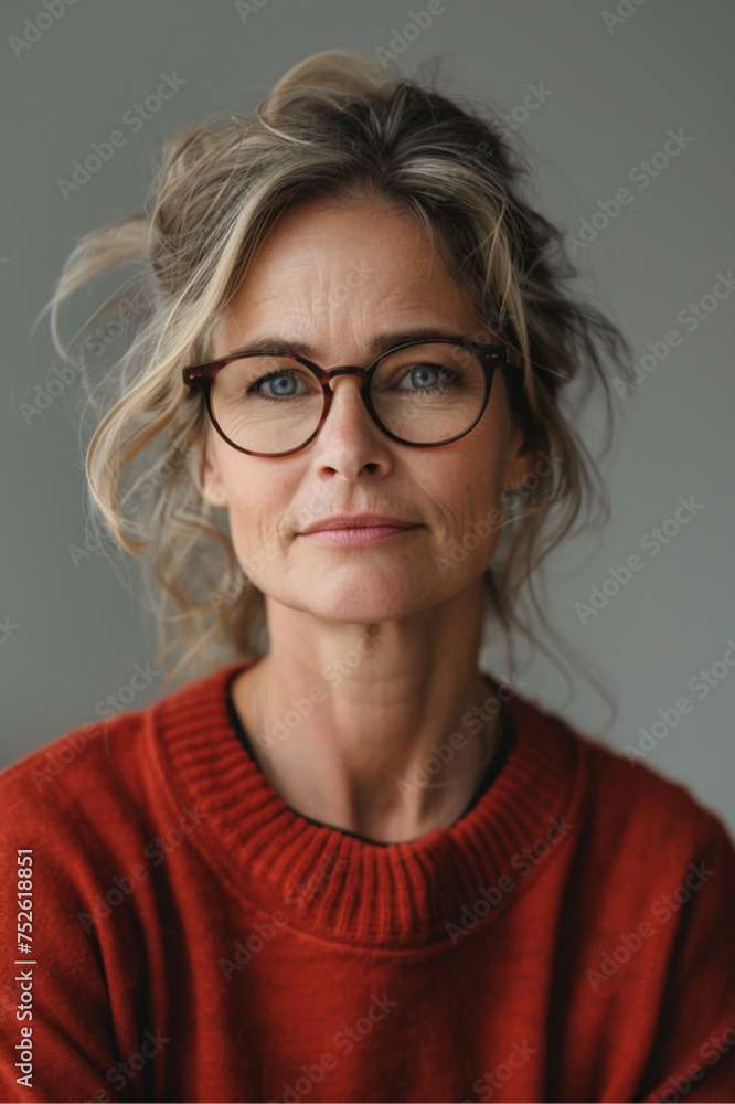 portrait front photo of 40 year old german woman with strong glasses facing camera, studio photography, transparent white background