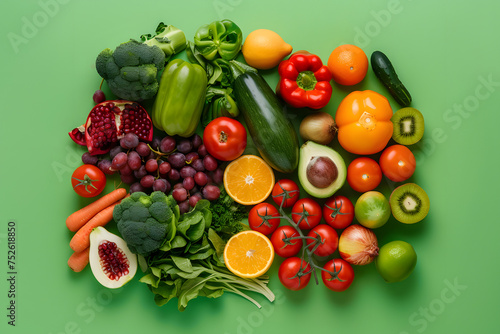 top view of a colorful assortment of fresh fruits and vegetables, isolated on a vibrant green background, symbolizing health and nutrition