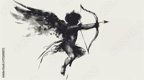 Cute Cupid angel with bow and arrow symbolizing love. Black ink art.