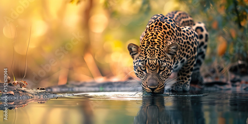 Magnificent leopard in the savannah drinking water