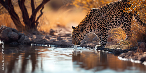 Magnificent leopard in the savannah drinking water photo