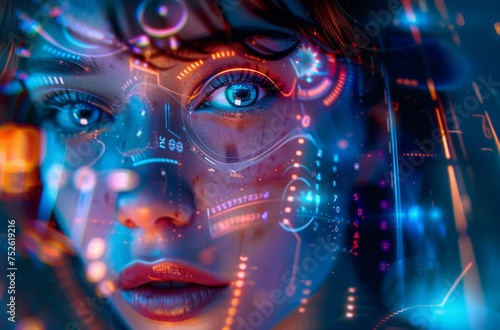 Future woman with cyber technology eye panel concept