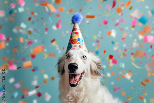 Celebration Canine, A Festive Pup Bedecked With a Party Hat, Surrounded by Vibrant Balloons