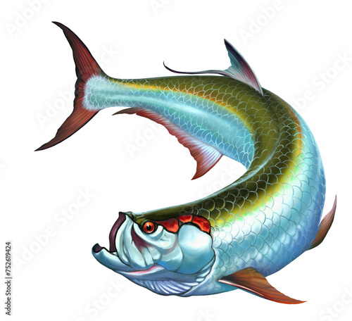 Tarpon big fish under water. Atlantic Tarpon. Realistic illustration on the background of the deep sea.