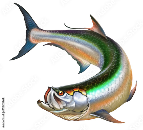 Tarpon big fish under water. Atlantic Tarpon. Realistic illustration on the background of the deep sea.
