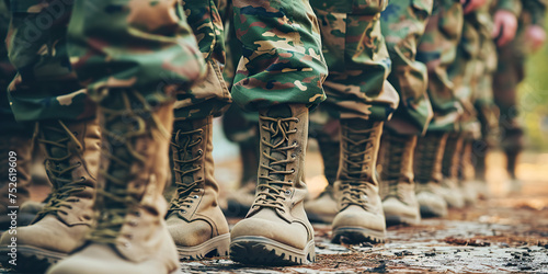Military boots on the legs of soldiers in a row photo