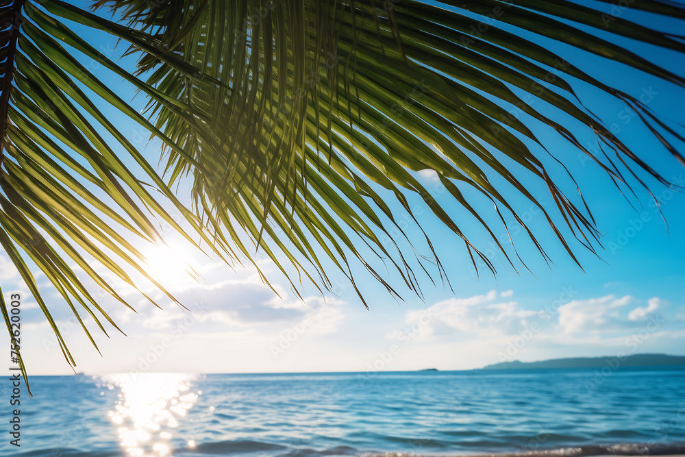 Fototapeta premium Tropical Beach Paradise with Palm Frond Silhouette Against a Sparkling Ocean Sunset Scene Background. Summer Vacation and Nature Travel Adventure Concept