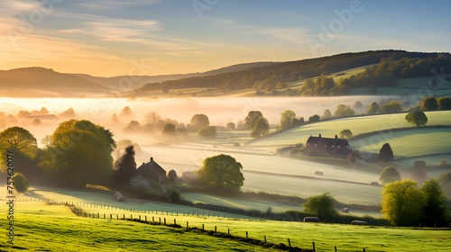 Golden Hour Glory Over Quaint Countryside Settlement Nestled in Wooded Hills