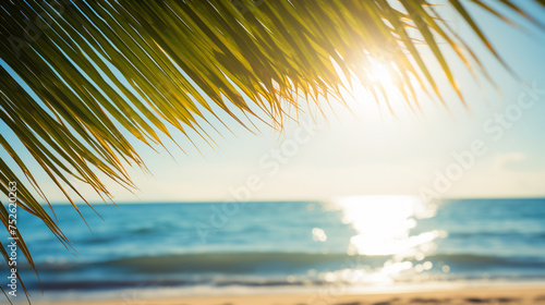 Tropical Beach Paradise with Palm Frond Silhouette Against a Sparkling Ocean Sunset Scene Background. Summer Vacation and Nature Travel Adventure Concept