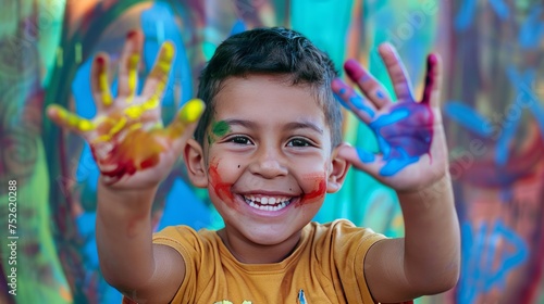 Beautiful happy boy with painted hands