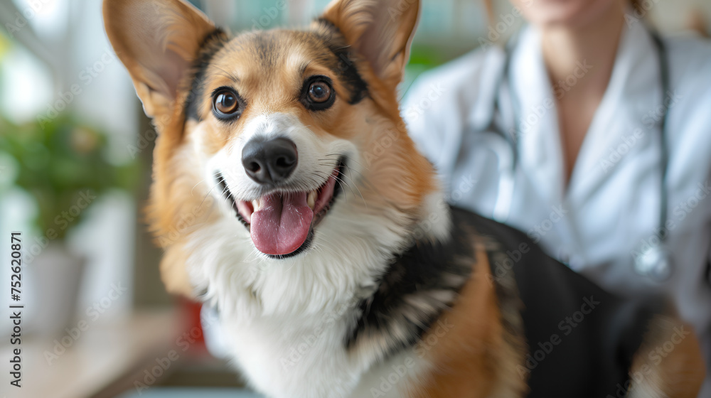 Veterinarian examining a cute corgi. Dog at the vet, veterinary concept. Generative AI Veterinarian examining a cute corgi. Dog at the vet, veterinary concept. Generative AI