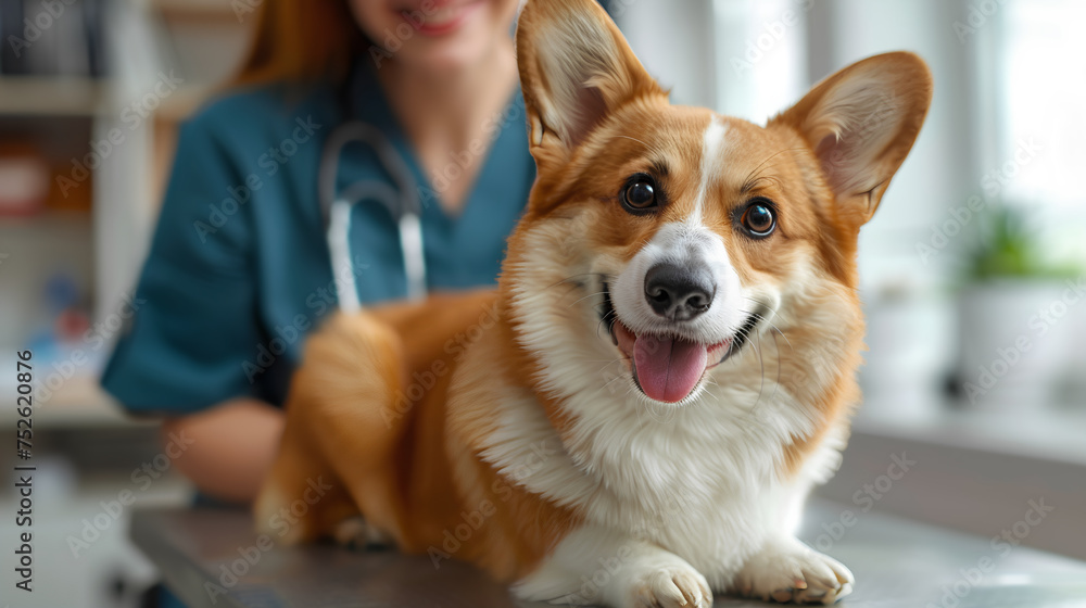 Veterinarian examining a cute corgi. Dog at the vet, veterinary concept. Generative AI Veterinarian examining a cute corgi. Dog at the vet, veterinary concept. Generative AI
