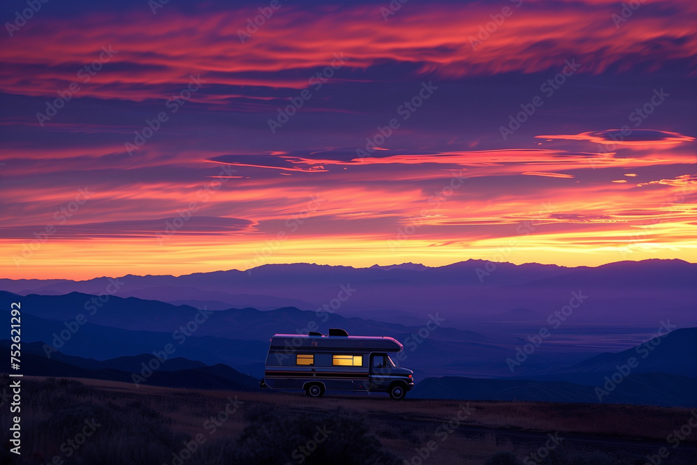 Recreation vehicle against a background of burning sky over mountains