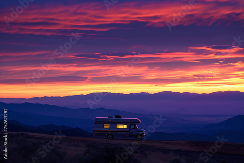Recreation vehicle against a background of burning sky over mountains