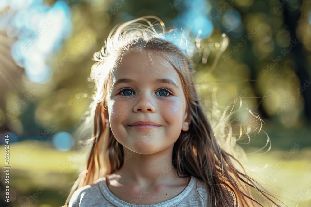 Portrait, young girl and smile in park, happy child outdoor with nature and freedom with positive mindset Portrait, young girl and smile in park, happy child outdoor with nature and freedom with positive mindset