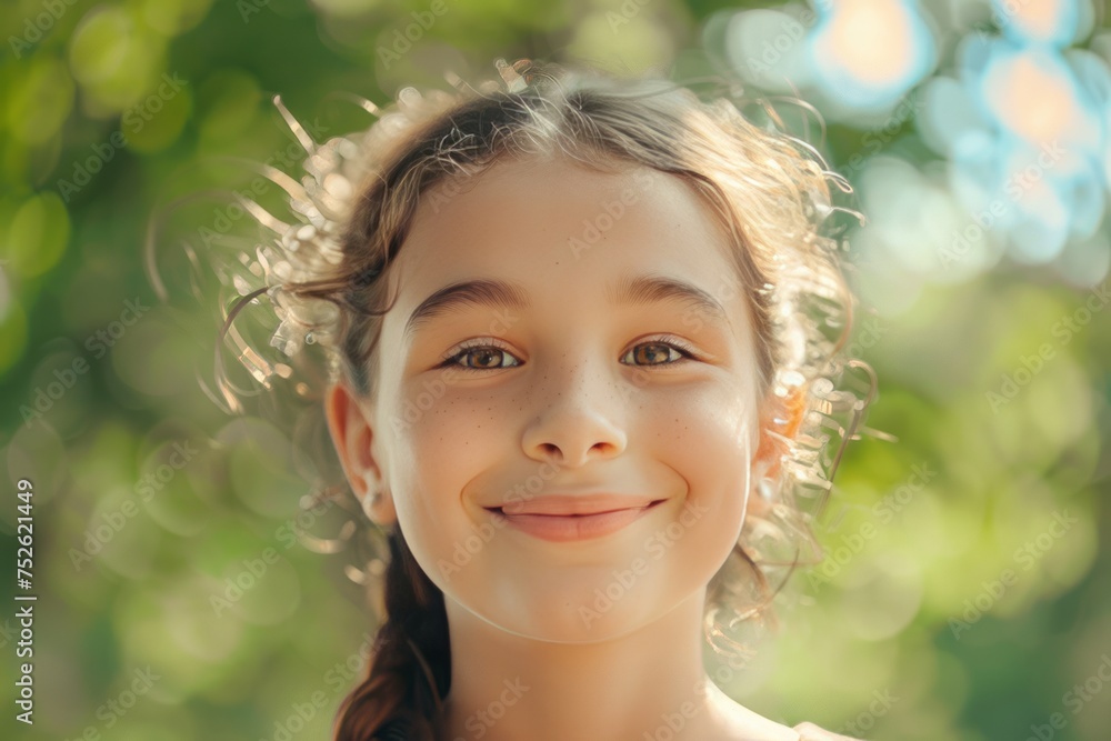 Portrait, young girl and smile in park, happy child outdoor with nature and freedom with positive mindset - obrazy, fototapety, plakaty 