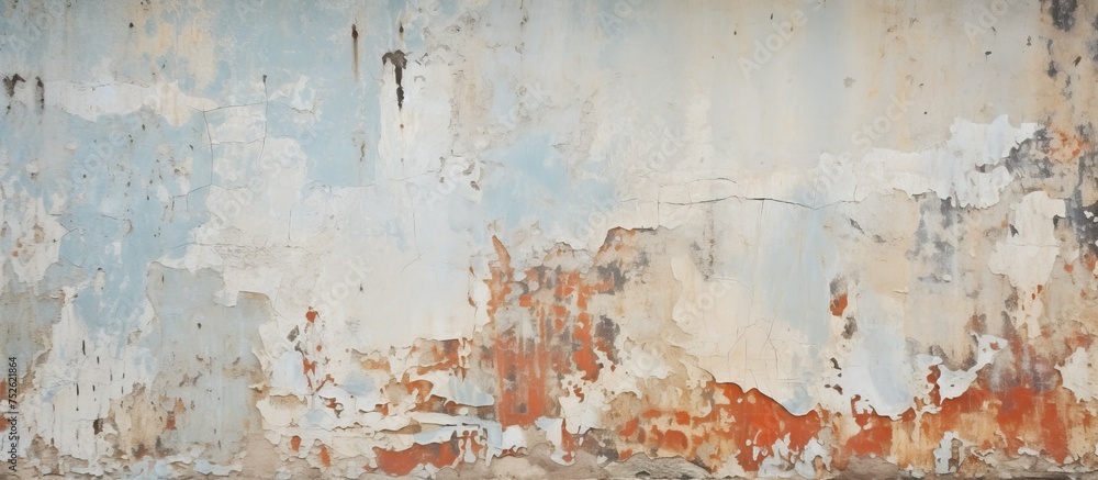 An old concrete wall showing signs of deterioration, with layers of paint peeling off in various sections, revealing the worn surface underneath.