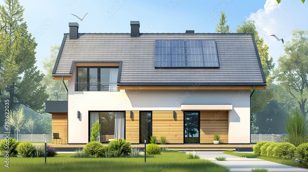 New suburban house with a photovoltaic system on the roof. Modern eco friendly passive house with solar panels on the gable roof