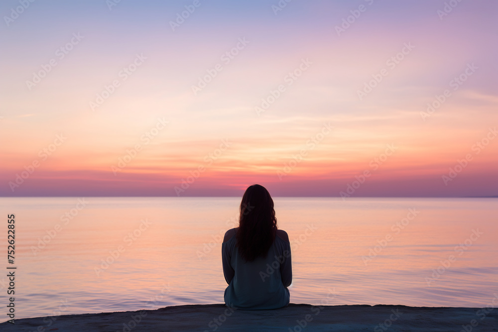 Contemplative Woman Watching the Sunset Over the Ocean. Serenity and Reflection Concept