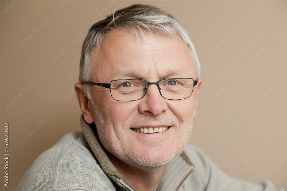 A cheerful mature man with glasses smiles warmly, his friendly demeanor captured in a close-up portrait against a soft beige background.